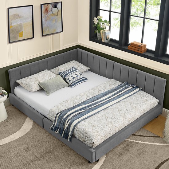 Gestoffeerd bed 90 x 200 cm, met lades, LED, met lattenbodem en rugleuning, wit