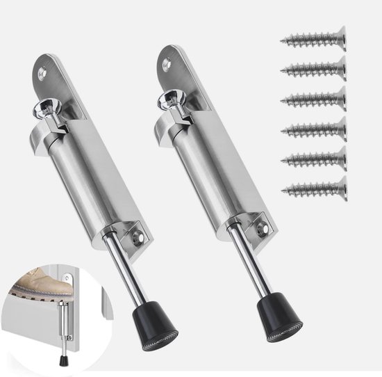 Set van twee zilverkleurige deurstops met schroeven. Een detailafbeelding toont een voet die op de stop drukt.