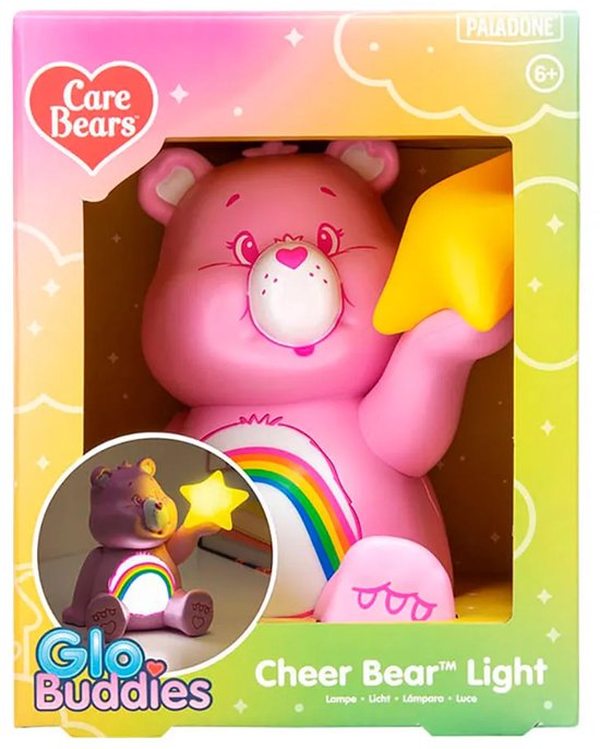 Veilleuse Cheer Bear rose en boîte, avec un arc-en-ciel et une étoile jaune.