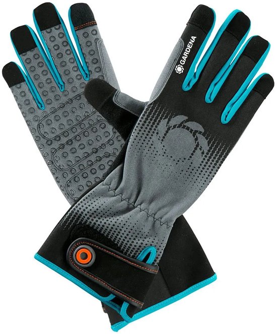 Grijze GARDENA handschoenen met zwart en blauw accent, met een noppenpatroon aan de binnenkant.