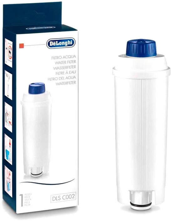 De'Longhi waterfilter DLSC002 in de doos en los, tegen een witte achtergrond.