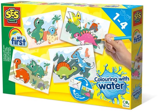 SES Creative- My First - Kleuren met Water - Dino's -Verven - geen geknoei - vrolijke kaarten met veilige kwast - steeds opnieuw te gebruiken - Dinosaurus Speelgoed 1 tot 4 jaar