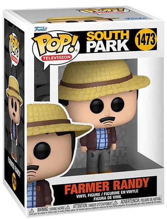 Funko Pop! doos met boer Randy Marsh uit South Park, nummer 1473, en de figuur in de verpakking. Figuur met strooien hoed.