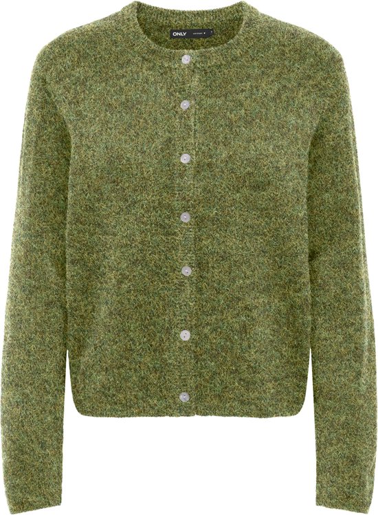 Groene gebreide cardigan met ronde hals, knopen en lange mouwen.