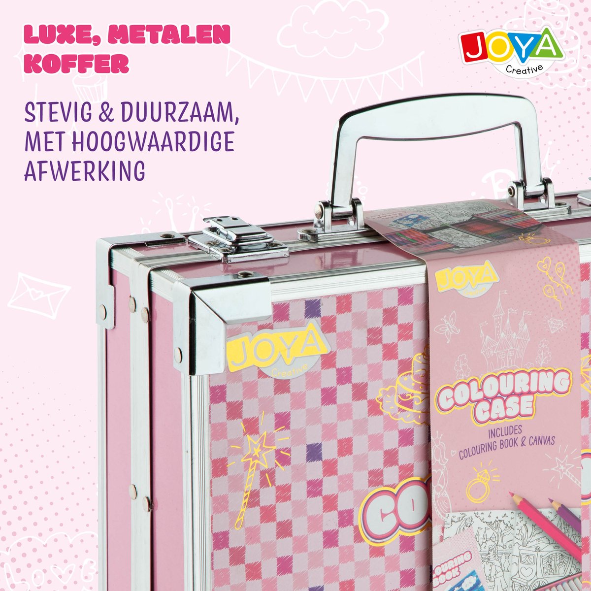 Luxe Kleurkoffer voor Meisjes - Aluminium Schilder- en Teken Koffer - Stiften, Kleurpotloden, Markers, Aquarel Napjes, Krijtjes, Penselen, Canvas & Kleurboek - Creatief Knutselpakket in Koffer - Cadeau voor meisjes vanaf 3 jaar - Joya Creative — afbeelding 7