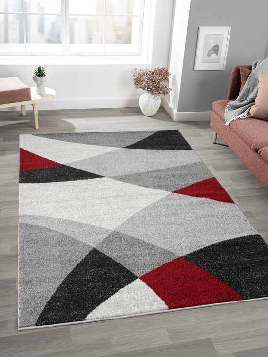 Mia’s Teppiche Modena – modern kortflor vloerkleed met contourensnede, golvend geometrisch patroon, grijs rood golvend, 160 x 2200 cm