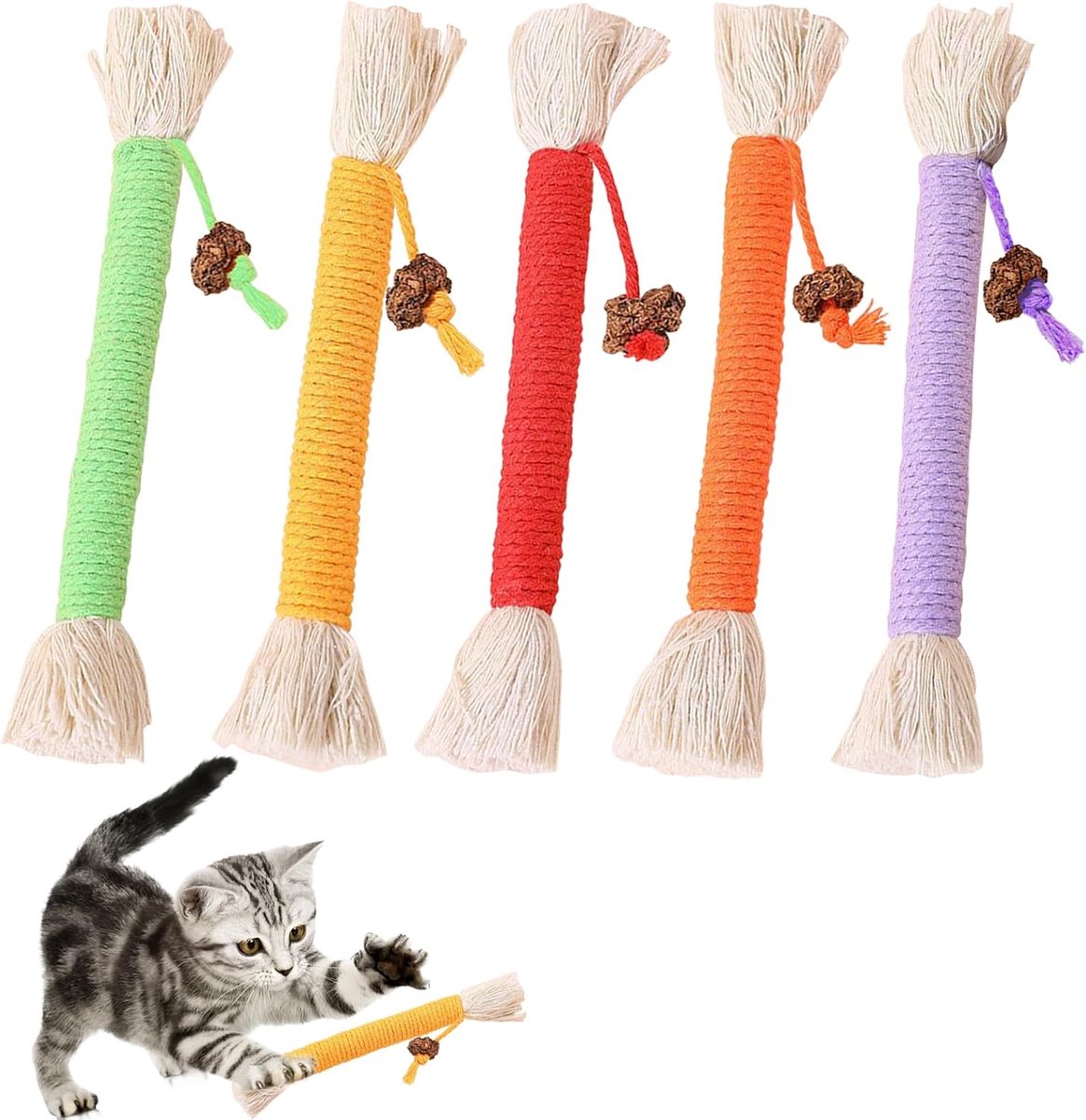 5x Katten Speelgoed met Kattenkruid – Set van 5 Zachte Katoenen Bijttouwen voor Katten & Kittens – Tandvriendelijk Zelfspeel Speelgoed in Citroengeel, Oranje, Lila, Koraalrood & Muntgroen (11–15 cm) – ANMI