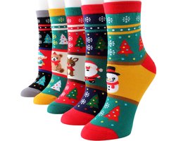 5x Unisex Kerstsokken – 5 Paar – Kerstboom & Santa Designs – Warme Kerstsokken voor Dames en Heren – Elfje, Kerstman, Rendier, Beertje & Sneeuwpopje – One Size (36-41) – Foute Kerstsokken – Kerst Relatiegeschenk