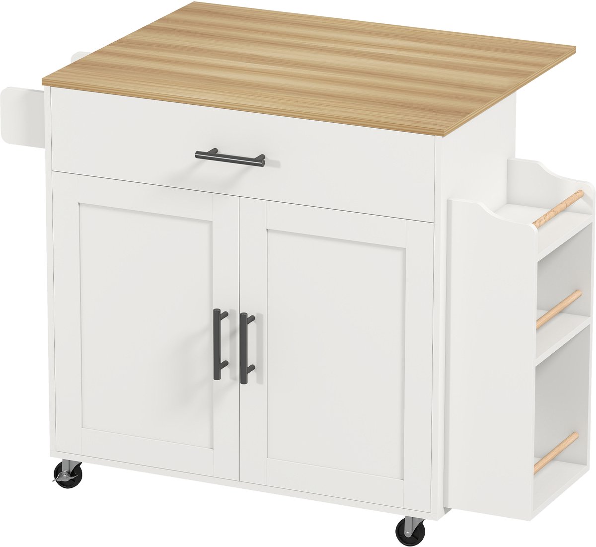 Keukeneiland - Verplaatsbaar - Keukenkast - Dressoir - Organizer - Kasten - Houten Werkblad - Lade - Wit