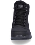 Voorkant van een zwarte Skechers laars met veters en teddyvoering.