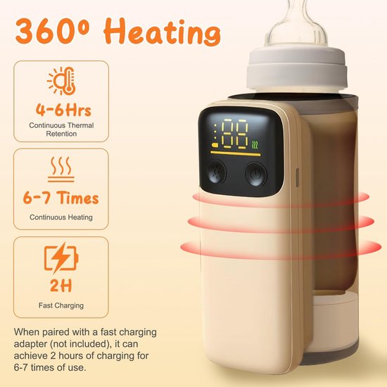 Draagbare babyflessenwarmer - 6 temperatuurstanden voor snel verwarmen - met nachtlampje - geschikt voor de meeste flessen - oplaadbaar en lekvrij - perfect voor gebruik in de auto, luiertas en op reis 's nachts - 1 pack — afbeelding 3