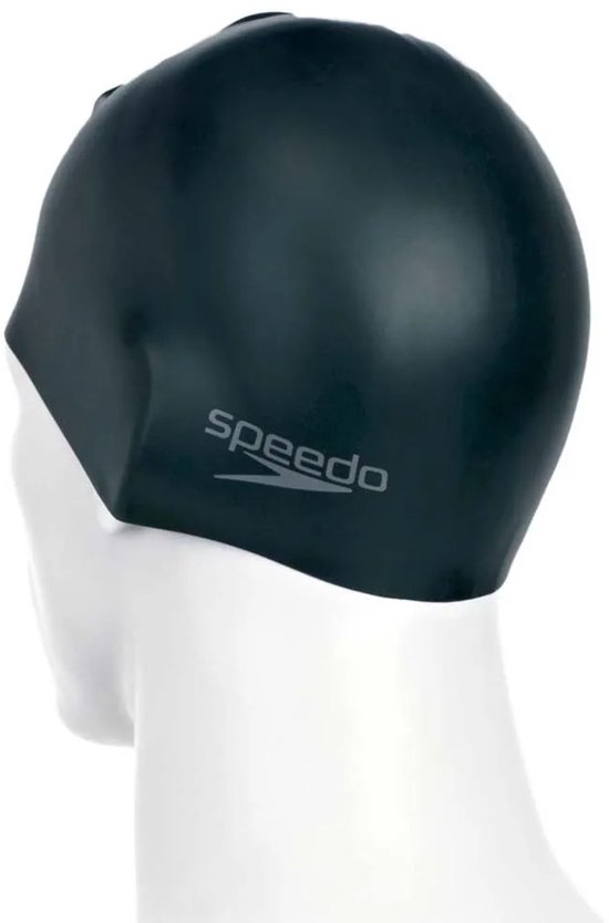 Grijze Speedo badmuts met logo op de zijkant, op een witte paspop.