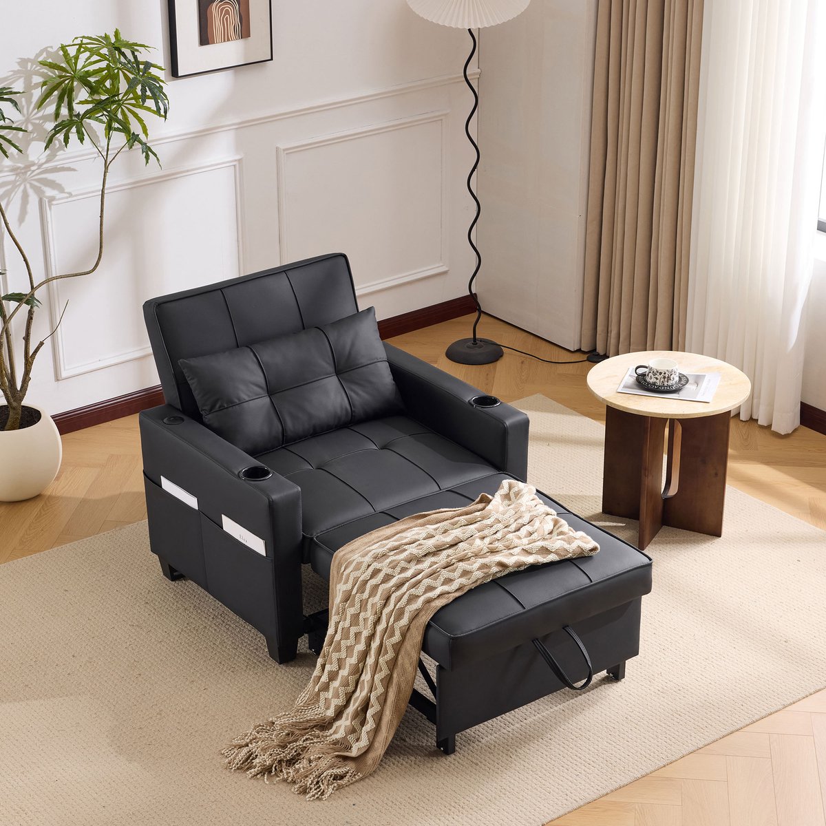 Sweiko Fauteuil - Uitschuifbare slaapbank - Bekerhouders - Kussens - USB-poorten - Zwart