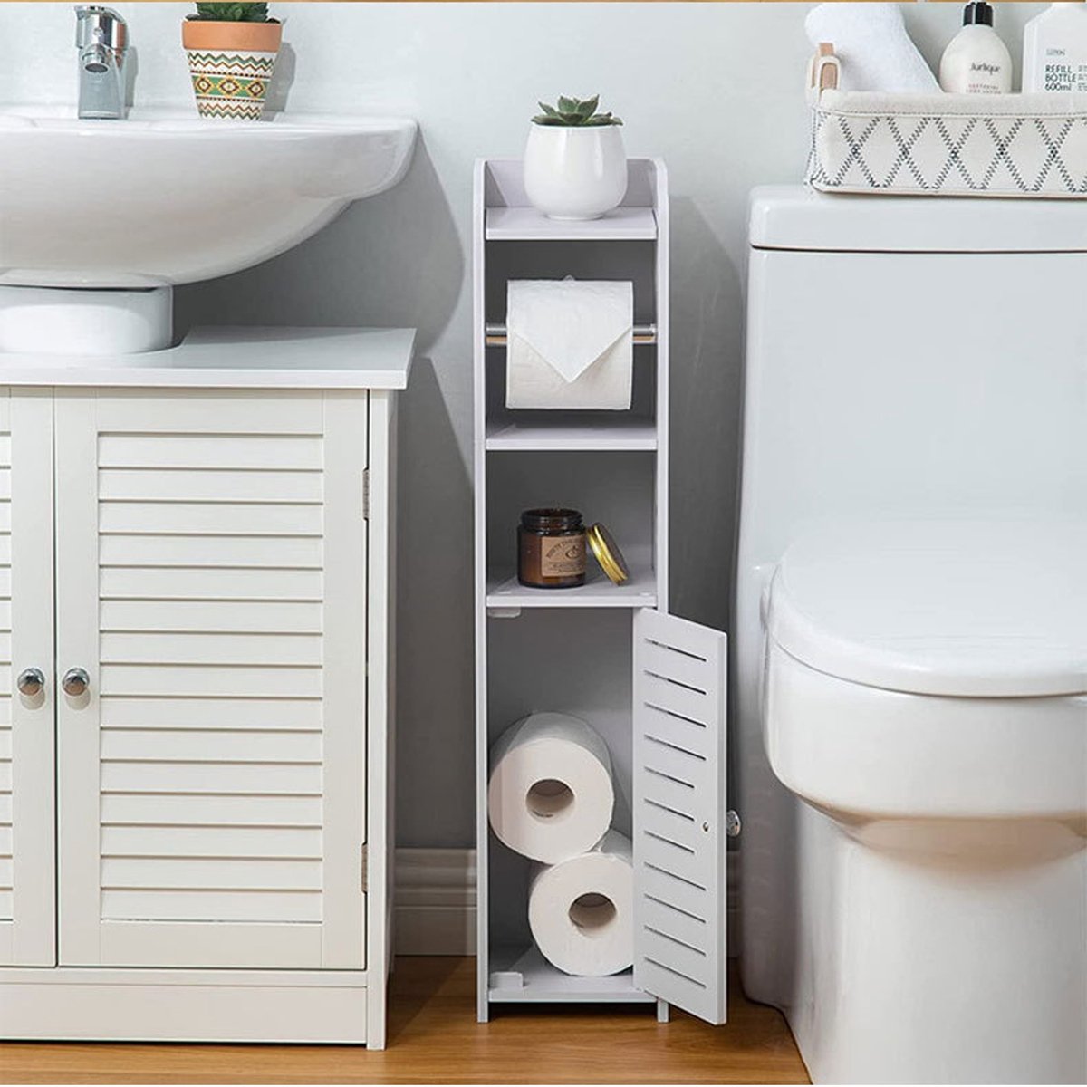 CHIWIN Badkamerkast met Toiletrolhouder - Smalle Opbergkast - PVC Waterdicht - Ruimtebesparend Ontwerp - 15x17x80 cm - Wit