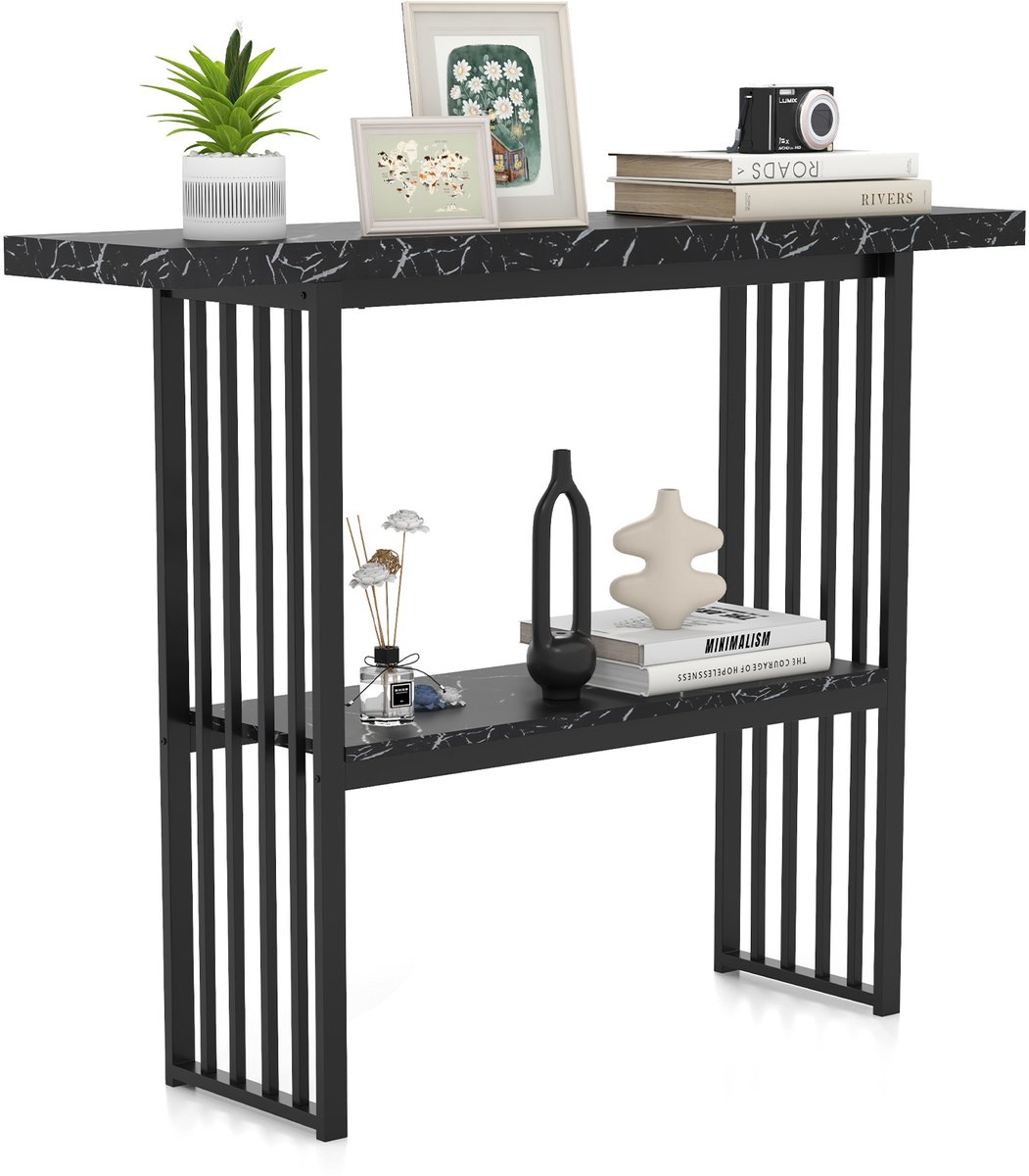 Costway Consoletafel, 2 niveaus, smal, bijzettafel, marmerlook, haltafel met metalen frame, 120 x 29,5 x 92,5 cm, ideaal voor hal en woonkamer, modern (zwart)