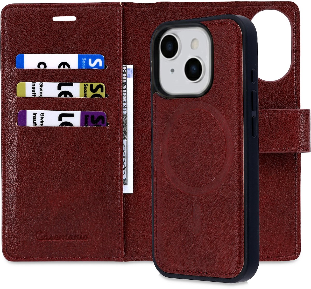 Casemania Hoesje Geschikt voor Apple iPhone 16 - Burgundy Red - 2 in 1 Afneembare Bookcase van Lederlook met Fijne Nerf - Geschikt voor MagSafe - Portemonnee Telefoonhoesje met Pasjeshouder en Standaardfunctie