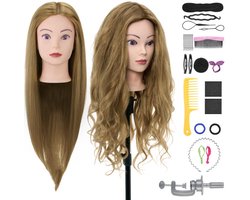 Kappershoofd Oefenhoofd 80% Echt Haar met Statief Kaphoofd Kapperspop Kappers Pop - Incl. Styling Accessoires - Donker Blond Haar - 70 cm