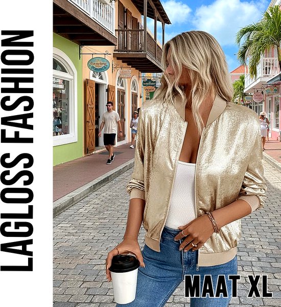 Veste de Baseball légère LaGloss® pour femme, à effet métallisé doré – Élégante veste Zip à manches longues – Look métallisé tendance et stylé, coupe confortable – Taille XL