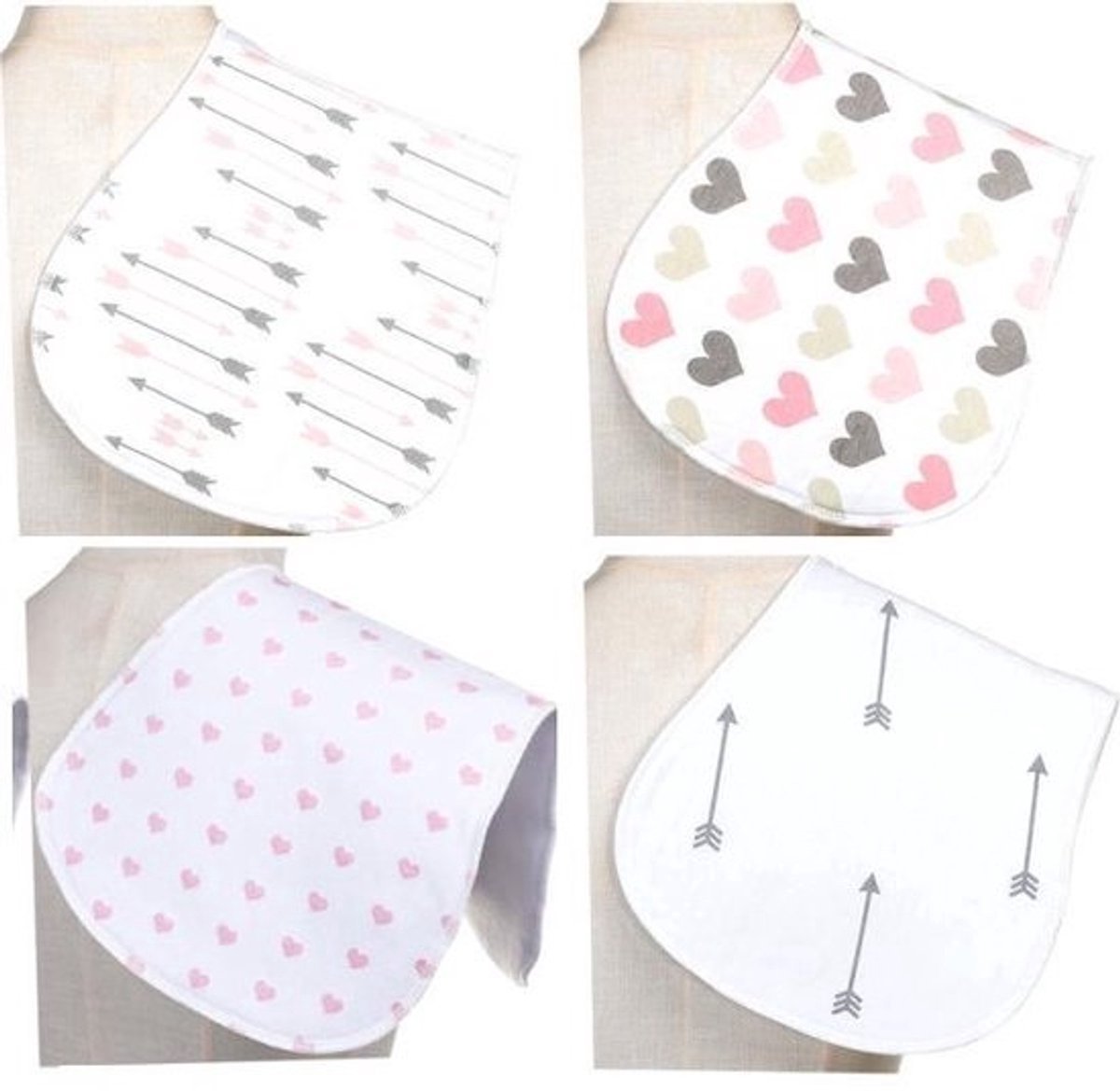 Image of 4x Baby Spuugdoekjes Meisjes – Katoen, Waterproof met Fleece – Absorberende Monddoekjes & Slabbetjes – Hartjes Design