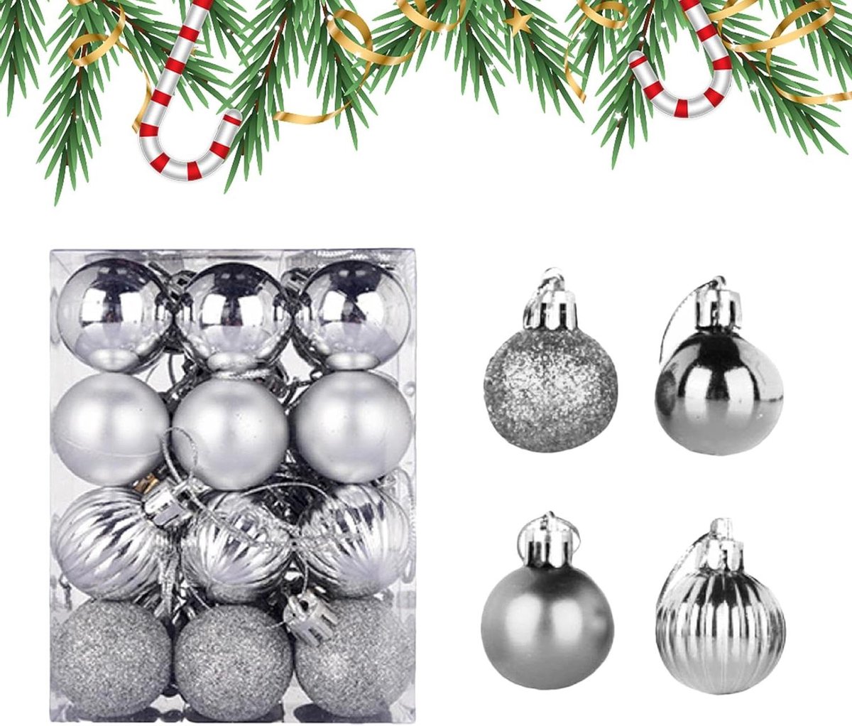 Groene glow kerstballen en ornamenten in diverse kleuren.