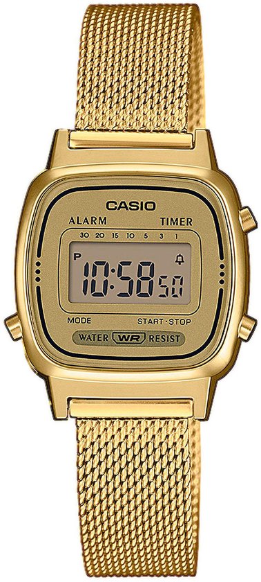 Gouden Casio dameshorloge met mesh band en digitaal display. Tijd 10:58:50.