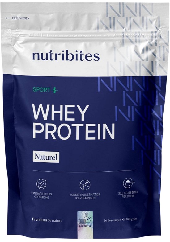 Zak Nutribites Whey Protein Naturel met logo, tekst en iconen. Witte en donkerblauwe verpakking.