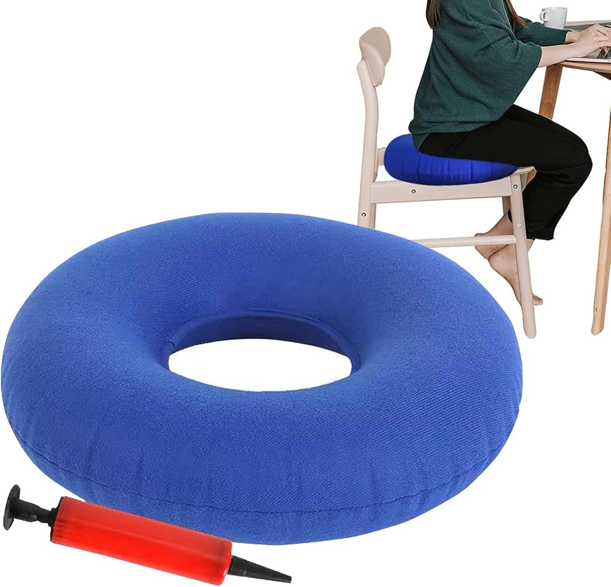 Opblaasbaar zitkussen met ring, 35 x 35 cm, opblaasbaar sponskussen, anti-decubitus, zwemkussen, opblaasbaar ringkussen, aambeienkussen, rond stuitbeen kussen