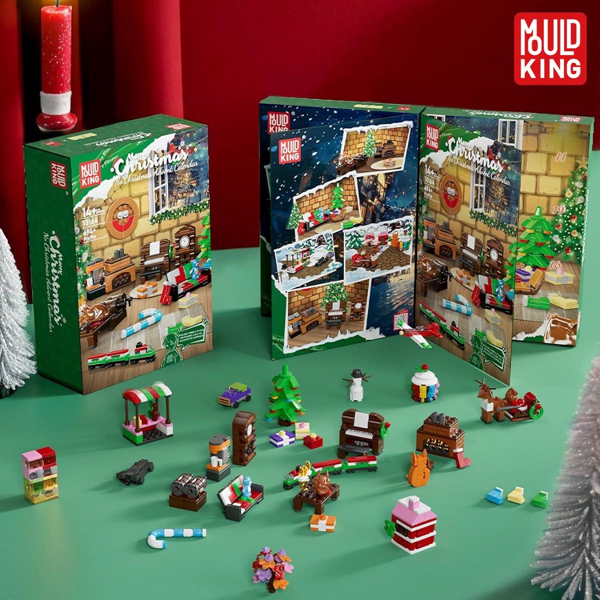 Mould King Kerst adventskalender #1 24-delig 2025 - 2026 aftelkalender bouwset | Incl. mini kerstboom / trein | Creator classic bouwpakket compatibel met lego | Educatief speelgoed voor volwassenen & kinderen | Bouwdoos met 694 bouwstenen — afbeelding 6