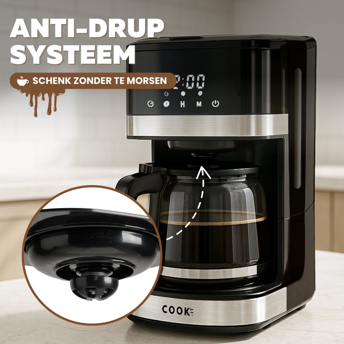 Koffiezetapparaat Filterkoffie - Coffee Machine - Touch Display - Instelbare Sterkte - Warmhoudfunctie - Anti-Drup - Zwart/RVS - COOK-IT thumbnail 5