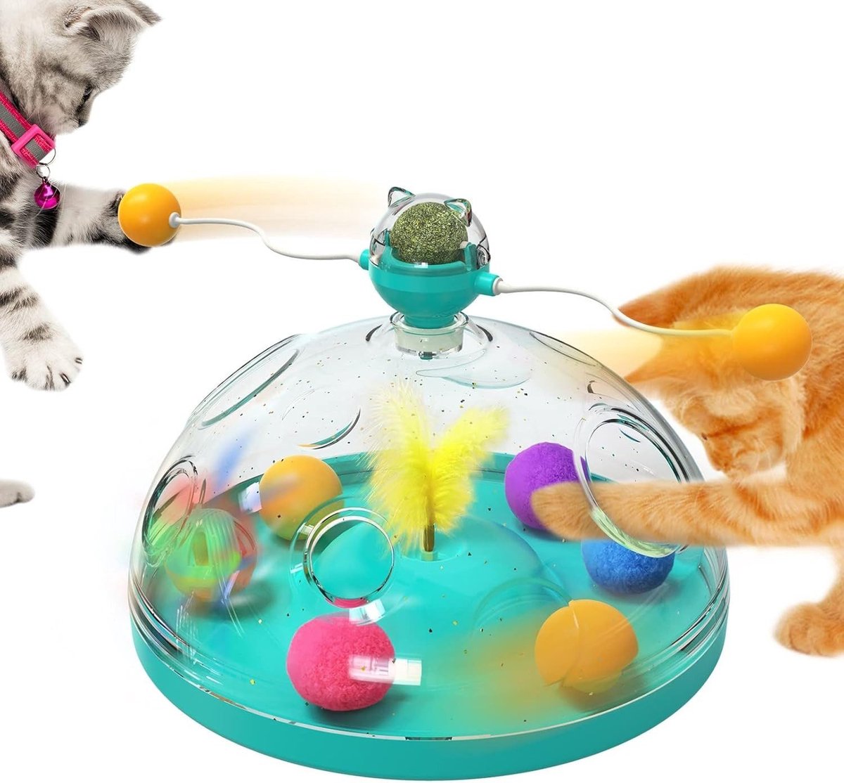 Interactief Intelligentiespeelgoed voor Katten – Katten Schatkist Speelbox met 5 Speelonderdelen – Voor Binnenkatten, Multifuntioneel Speelcentrum met Balletjes, Veren & Eetbakje - ANMI
