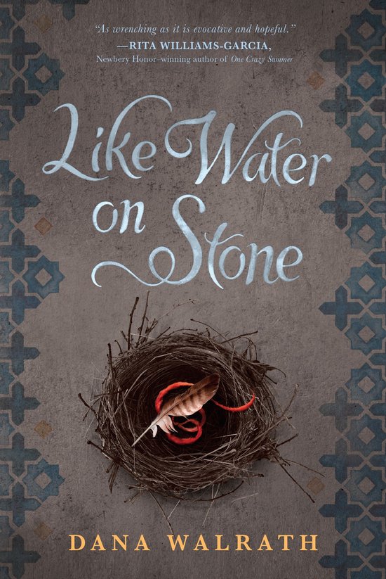 Boekomslag met de titel 'Like Water on Stone', met een vogelnestje met een veertje en rood touw.