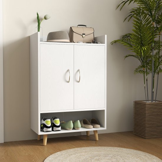 Mericonia Rotan Schoenenkast, 5 verdiepingen, 2 houten deuren, entree-opslag, stabiel met verstelbare planken, voor woonkamer en hal, wit