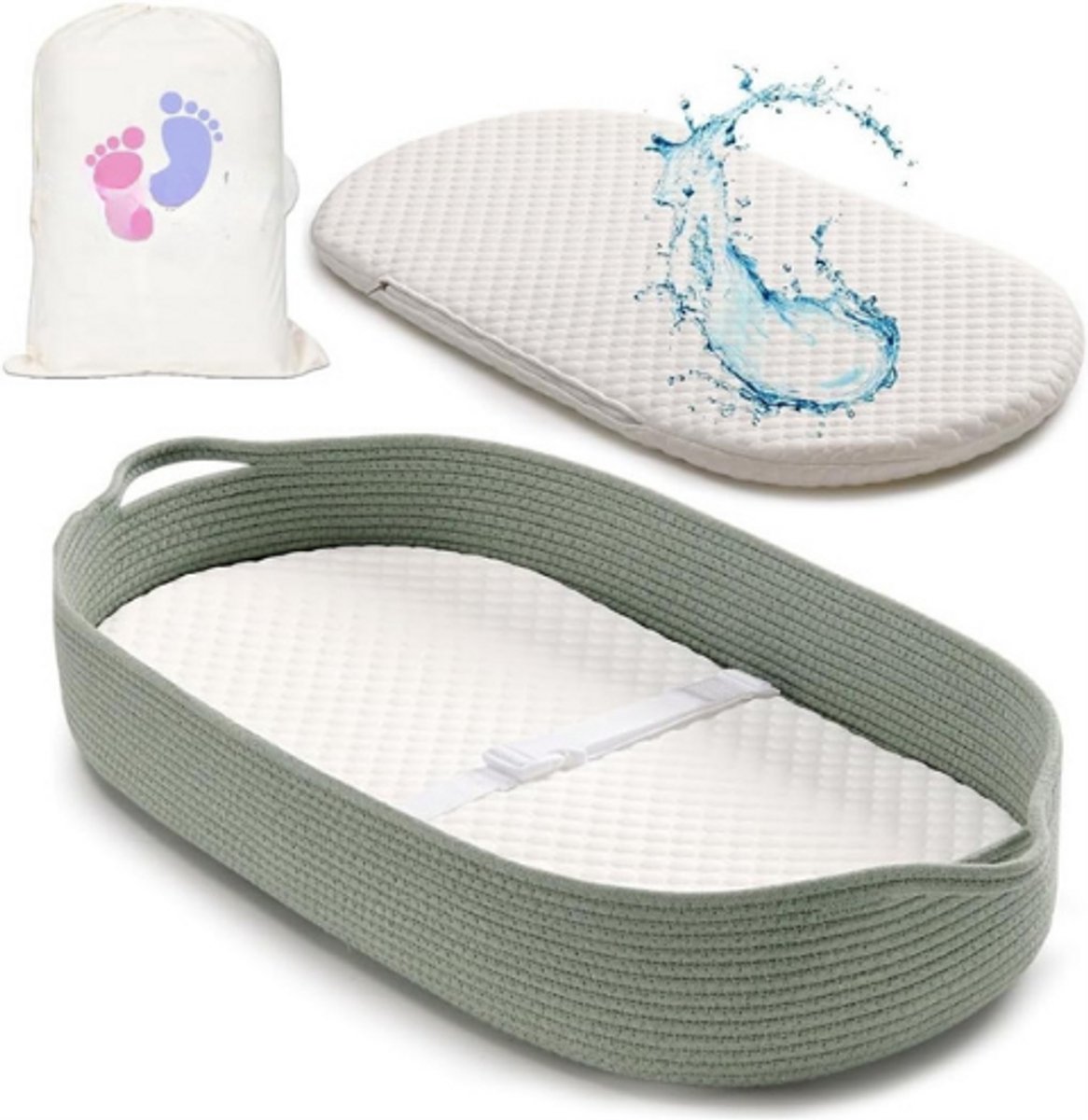 Image of Aankleedmat Babyluiermand Met Extra Reismat - Schuimstofmatras En Waterafstotende Overtrek - Moise Babymand Van Katoenen Touw Groen - Veilig Comfortabel En Praktisch Voor Baby