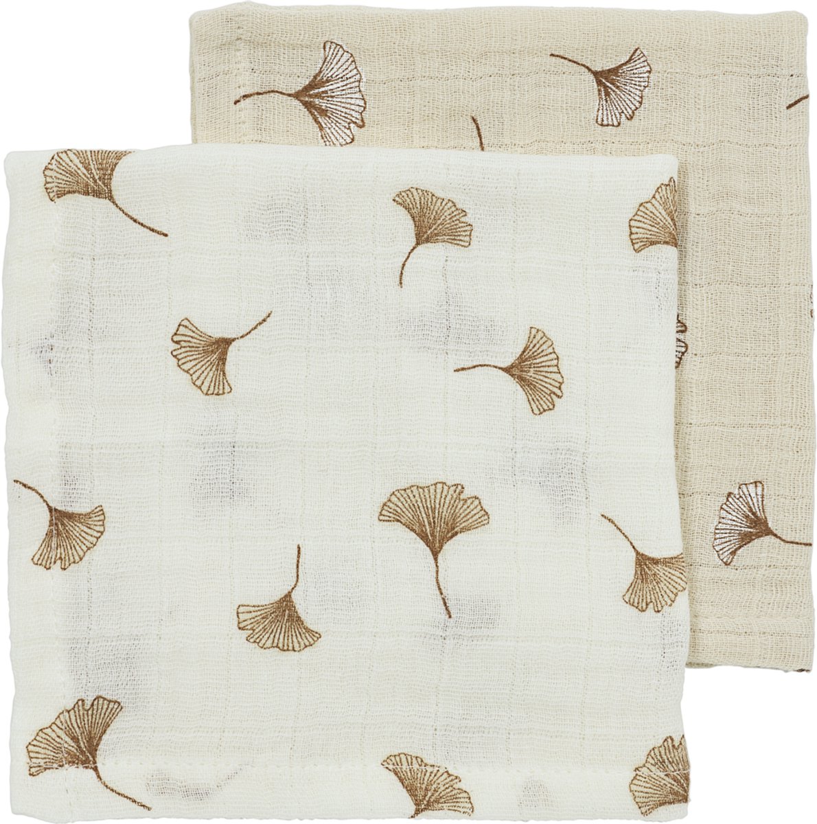 Meyco Baby Gingko Monddoekjes - 2 Stuks - 30 x 30 cm - Pre-Washed Hydrofiel - Offwhite/Soft Sand