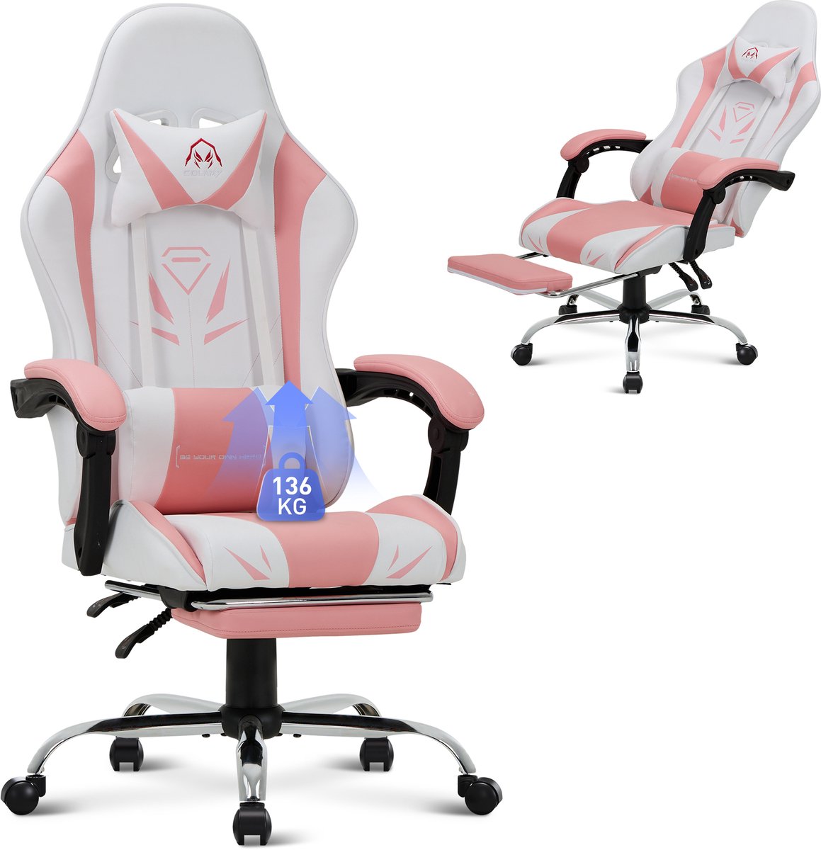 COLAMY - Ergonomische gamingstoel - Bureaustoelen - voetsteun - maximaal draagvermogen 136 kg - roze