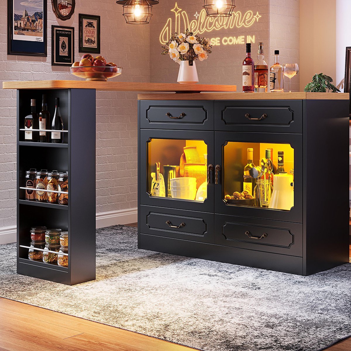 BLACKCOLORS Uitschuifbare Bartafel - Met Opbergruimte - 360° Draaibaar Tafelblad - Telescopische Bartafel met LED-verlichting - Hoge Keukeneilandtafel - Afmeting 135-203x39x92.8 cm - Geschikt voor Slaapkamer, Woonkamer, Eetkamer - Zwart