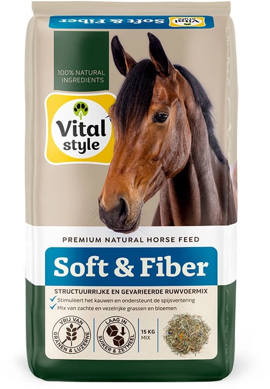 VITALstyle Ruwvoermix Soft & Fiber - Stimuleert kauwen En Ondersteunt De Spijsvertering - Met o.a. Esparcette & Timothy Hooi - 15 kg