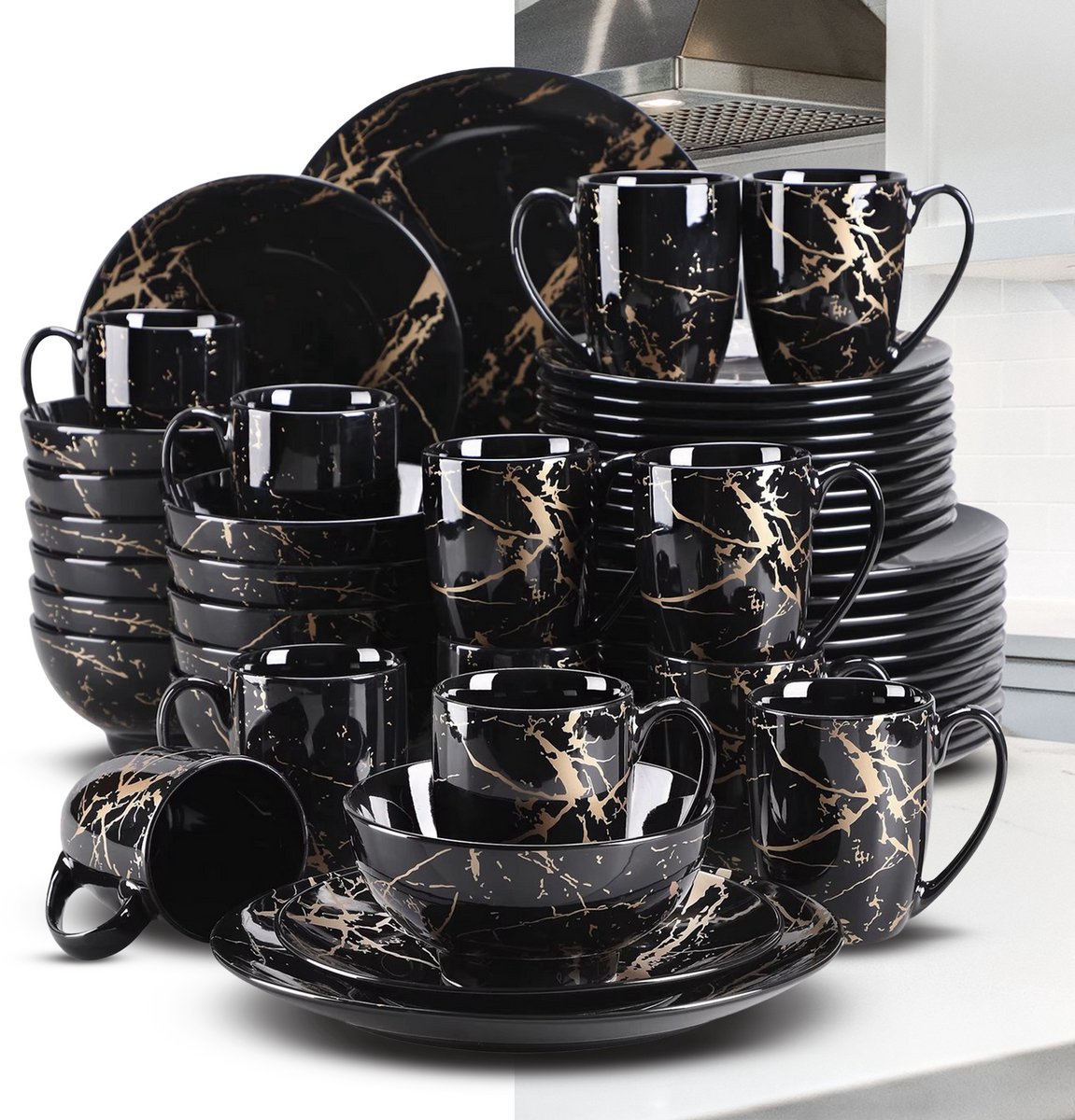 Luxe Serviesset – 48 delig – 12 persoons – Porselein - Bordenset – Dinner platen – Dessertborden - Kommen - Mokken - Schaaltjes - Zwart