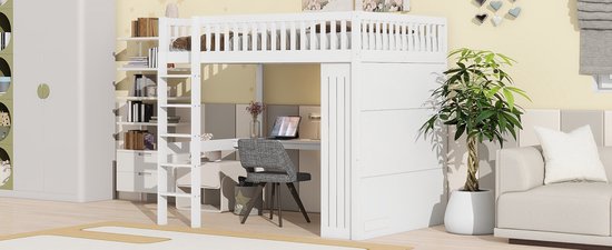 Lit mezzanine Merax 140x200 cm - avec bureau - armoire - 3 tiroirs - escalier - lit en bois avec espace de rangement - lit enfant avec bureau - Wit - sans Matras