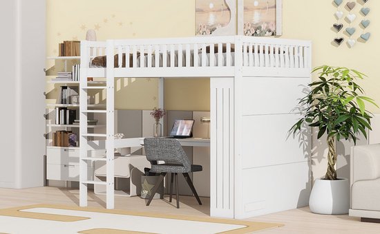 Lit mezzanine Merax 140x200 cm - avec bureau - armoire - 3 tiroirs - escalier - lit en bois avec espace de rangement - lit enfant avec bureau - Wit - sans Matras