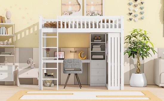 Lit mezzanine Merax 140x200 cm - avec bureau - armoire - 3 tiroirs - escalier - lit en bois avec espace de rangement - lit enfant avec bureau - Wit - sans Matras