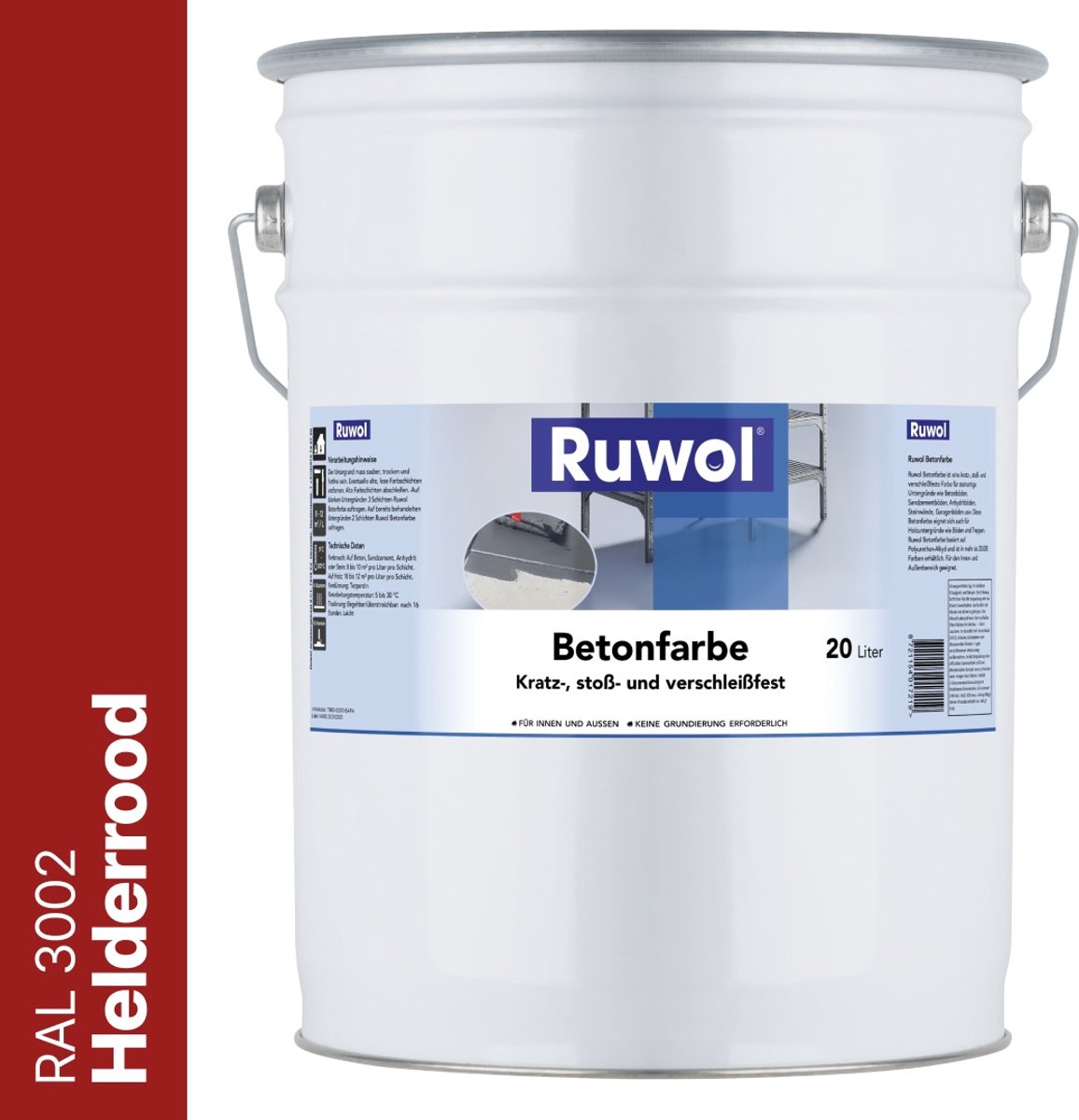 Ruwol Betonverf Helderrood (RAL 3002) 20 liter - Voor binnen en buiten - Alle kleuren - Kras-, stoot- en slijtvaste verf voor beton en steen - Betonverf voor buiten