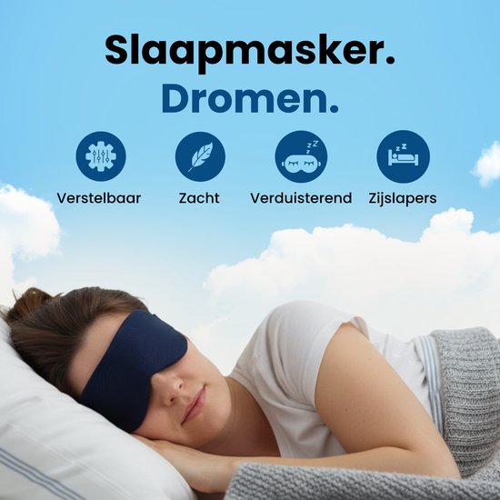Femme dormant avec un masque de sommeil bleu foncé. Les icônes montrent : réglable, doux, occultant, pour dormeurs sur le côté. Masque de sommeil, rêves.