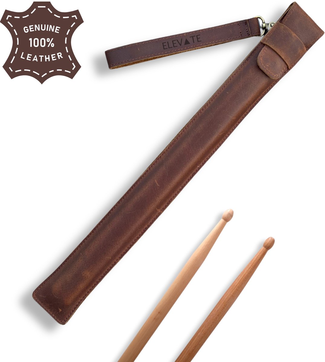 ELEVATE® Leren Drumstokhouder – 100% Full-Grain Leer – Vintage Drum Stick Bag – Handmade Crazy Horse Leather – Drumstok Etui – Bruin (Oak)