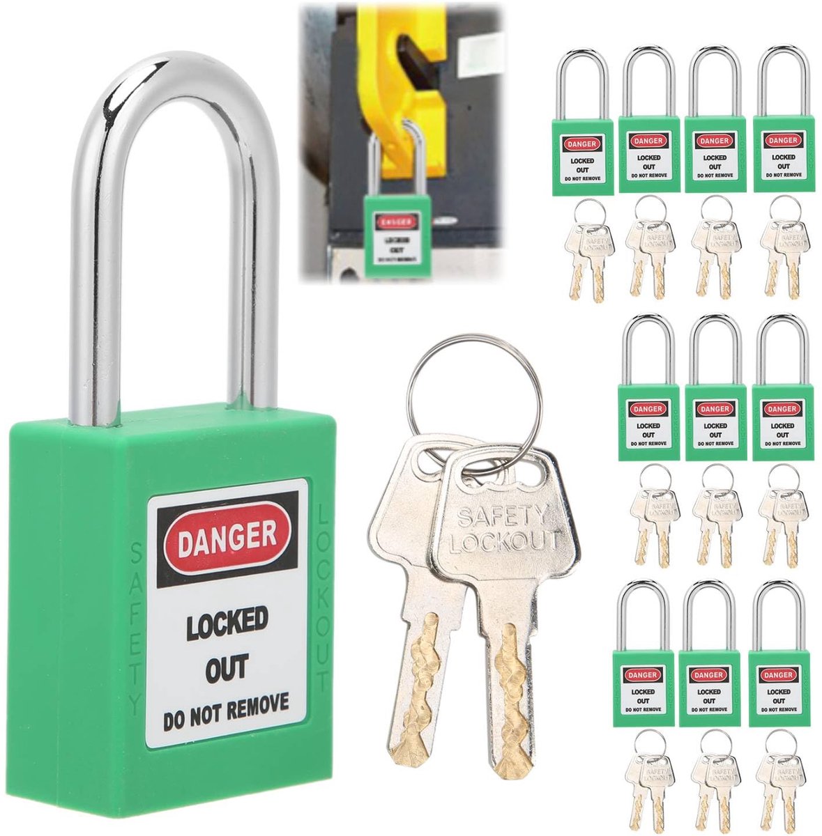 Veiligheidsslot, robuust antislip hangslot met sleutelslotfunctie, 10 sets inclusief 20 sleutels, versterkt nylon voor elektrische beveiligingsvergrendeling en tagout.
