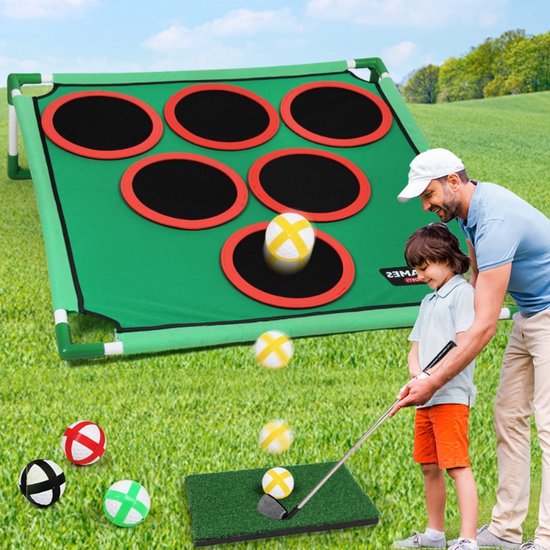 Deze golfset bestaat uit een golfchipspel, een zitzakwerpspel, een puttingmat en puttingdoelen. Geschikt voor golfers, kinderen en gezinnen voor binnen- en buitengebruik. — afbeelding 2
