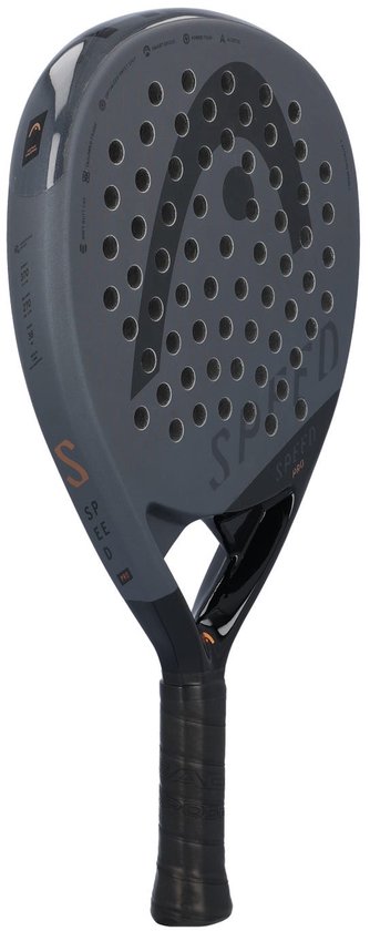 Grijze padelracket met zwarte details, 'SPEED PRO' tekst aan de zijkant en een grafisch patroon.