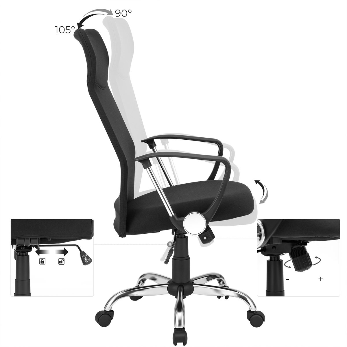 Bureaustoel Ergonomische draaistoel Stoffen zitting met kussen 63 x 63 x (110 - 120) cm Zwart Verstelbare hoogte en kantelhoek Maximale draagkracht 120 kg Comfortabele ondersteuning voor nek, schouders en rug Geschikt voor kantoor en thuiswerk – foto 6