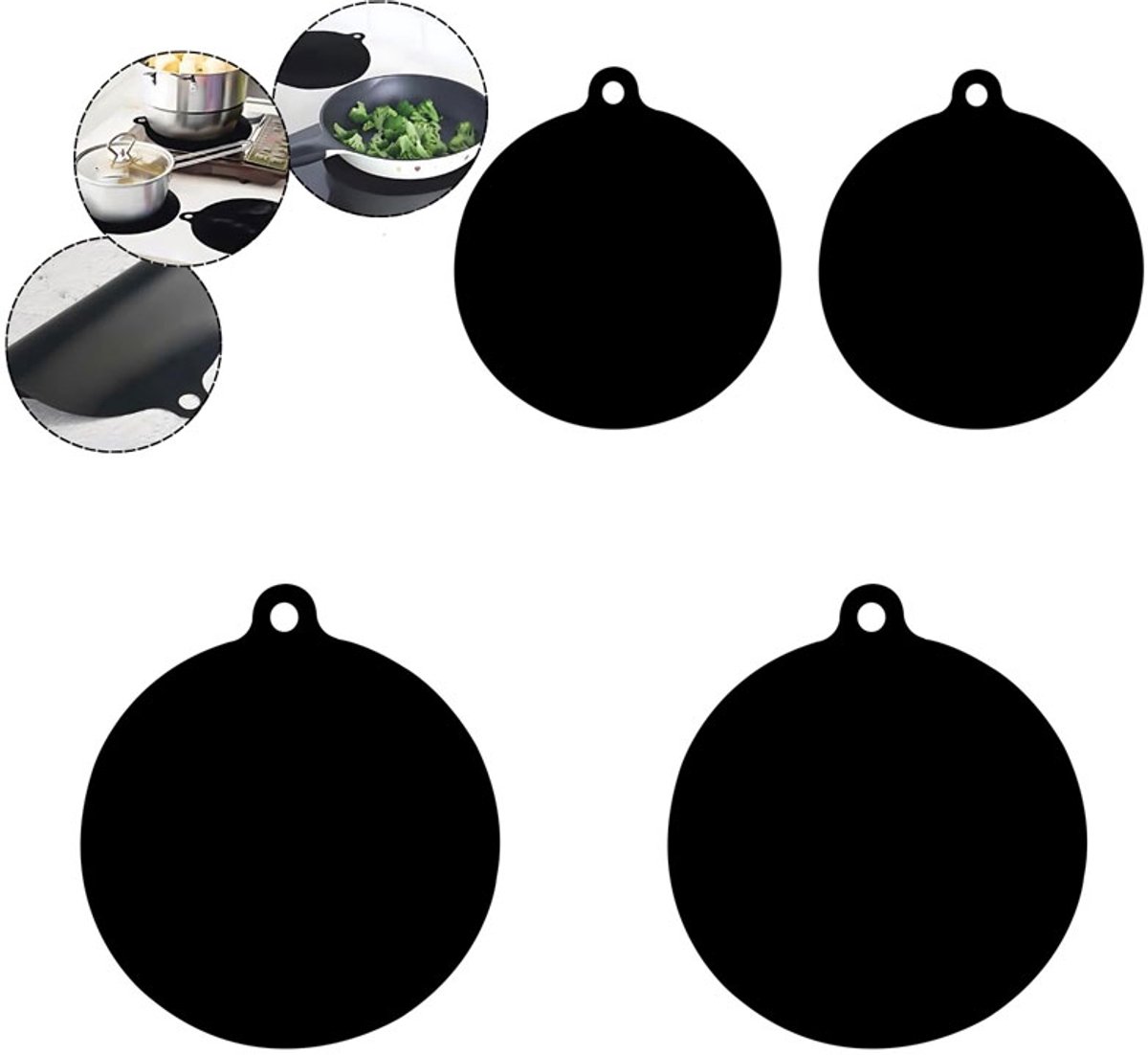 4 Stuks Inductie Beschermer Set -Panbeschermers - Twee van 18 cm en twee van 22 cm, 0,7 mm dik. -Afdekplaat voor Kookplaat -Inductie Matjes Rond - Panbeschermers - Onderzetters Pannen - siliconen kookplaatbeschermer - zwart