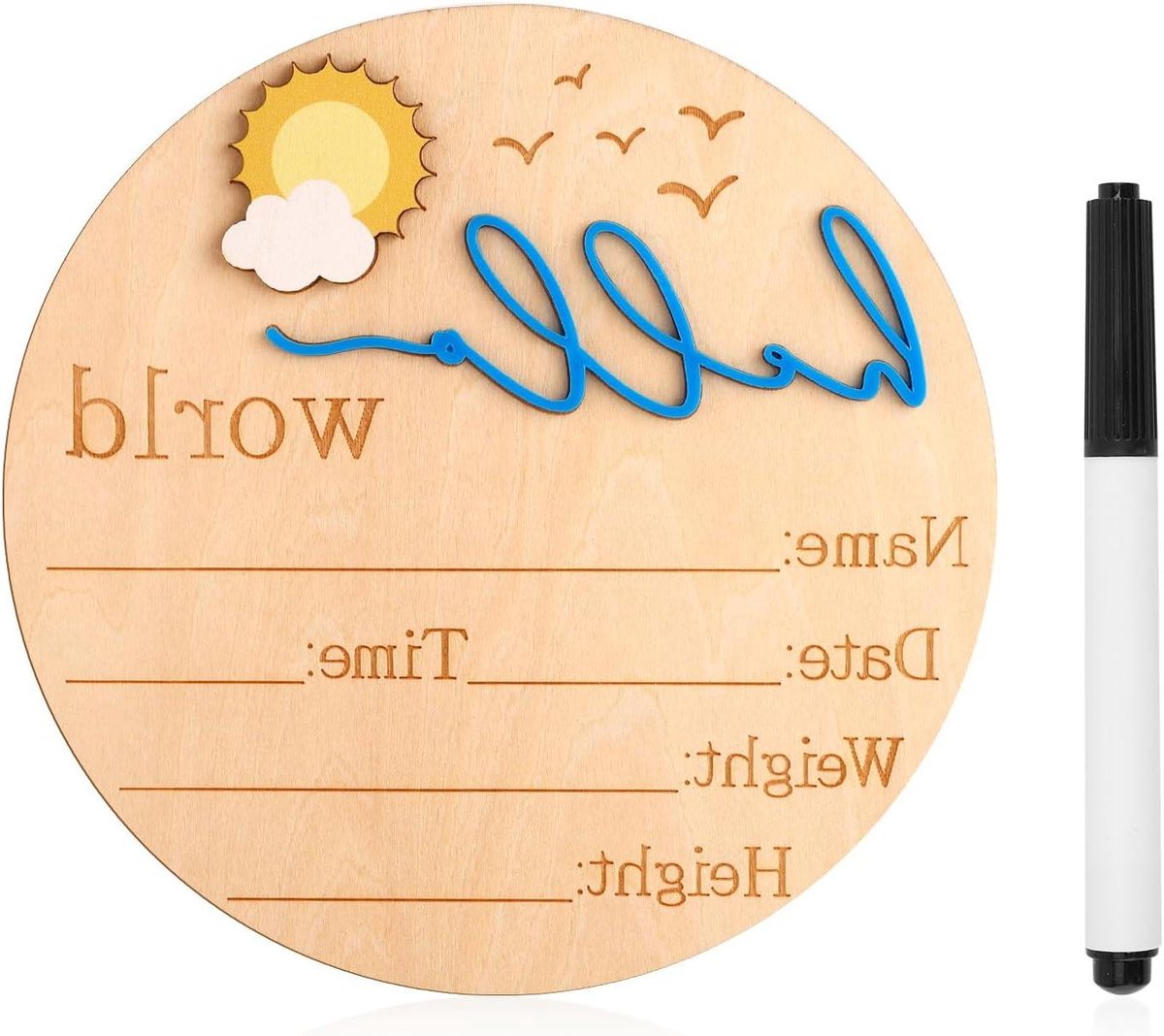 Hello World Aankondigingsbord 14,8 cm Houten Baby Geboorte Meisje Jongen - Babyshower Ziekenhuis Kinderkamer Foto Prop Blauw